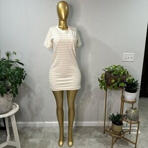 Everlane Organic Cotton Weekend Tee Dress tan and white stripe pattern. NWT XXS